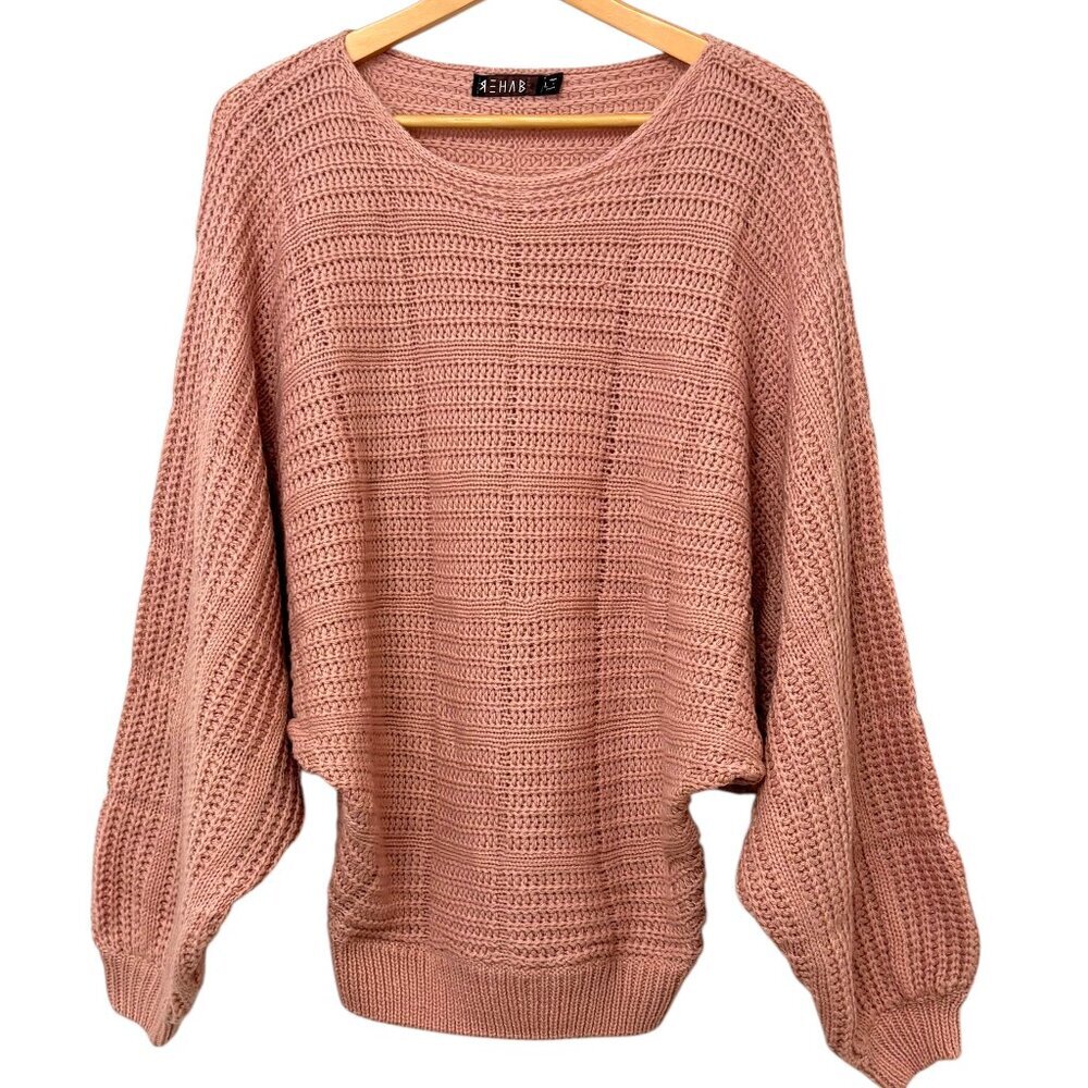 REHAB Slouchy Knit Dolman Sleeve Sweater Pinky Mauve Boat Neckline Size L EUC